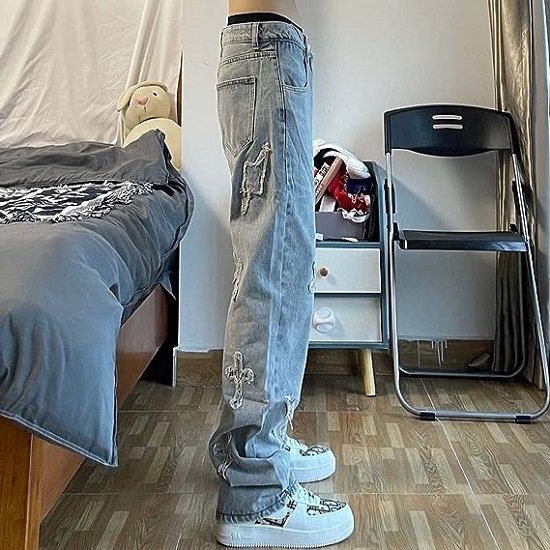 Men's Jeans Crossbody Patch Jeans Men's Loose Jeans Distressed Men's Jeans